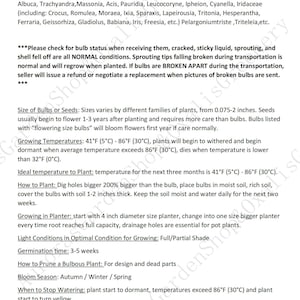May include: A white document titled Growing Instruction containing black text detailing care for various plant bulbs. It lists bulb types, temperature ranges from 41&deg;F to 86&deg;F, planting depths of 1-2 inches, and planter sizes starting at 4 inches in diameter.
