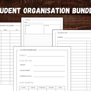 May include: A printable student organization bundle with four different templates: assignment planner, review, class dashboard, and reading list. Each template has a blank space for a subject title and includes lines for writing.