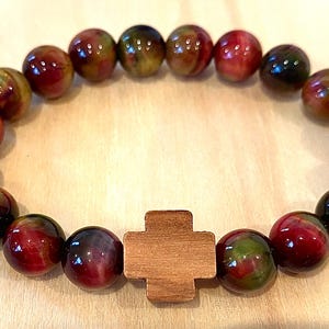 Holy Land Olive Wood Cross Natural Gemstone Bracelet