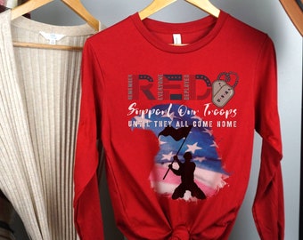 Camisa de manga larga RED Friday, Apoye a nuestras tropas, recuerde a todos los soldados desplegados, nuestros héroes caídos, sudadera militar RED Friday