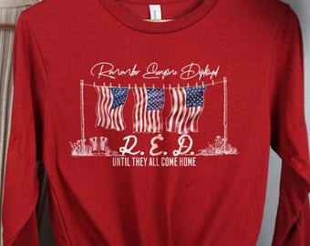 Camiseta militar de manga larga "Viernes Rojo", "Recuerden a todos los desplegados", "Apoyen a nuestras tropas", "Bandera estadounidense", "Regalo de despliegue del ejército"