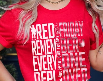 Camiseta roja de viernes, camiseta "Recuerden a todos los desplegados", camiseta "Vestimos rojo el viernes", camiseta de despliegue militar, regalo para esposa, mamá, papá, novia