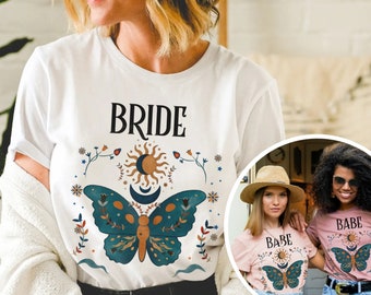 Camisa de despedida de soltera celestial boho, camiseta mística de la luna de la mariposa bach Boho novia dama de honor babe tee goth tarot fiesta tema regalo