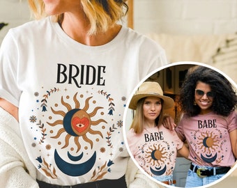 Camisa de despedida de soltera celestial boho, cristales místicos luna bach camisetas boho novia dama de honor babe tee goth tarot fiesta tema regalo
