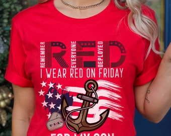 Camisa roja de ancla de la marina para mi hijo, camisa roja de viernes militar, camisa de despliegue para recordar a todos los desplegados, regalo de despliegue para mamá y papá