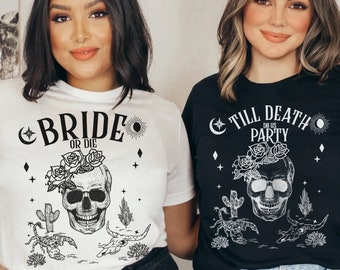 Novia o morir, hasta que la muerte nos haga fiesta camisa gótica mística de despedida de soltera, camiseta de despedida de soltera de tarot brujo, temas de astrología de camisa Boho Bach
