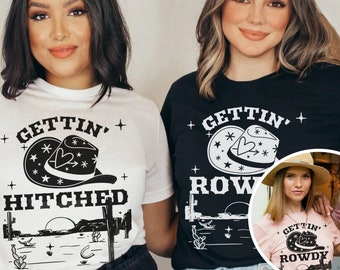Gettin enganchado Getting Rowdy Nashville Bachelorette camisa retro vaquera despedida de soltera camiseta país novia dama de honor tema niñas viaje camiseta