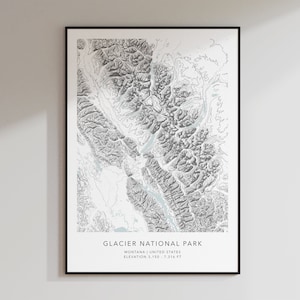 Carte du parc national des Glaciers Imprimer | Carte topographique des contours | | d’impression topographique des glaciers | d’art cartographique moderne | d’impression de carte minimaliste Montana