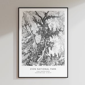 Zion National Park Kaart Print | Topografische Contour Kaart | Zion Utah | Topografische print | Zion Kaart | Moderne Kaart Kunst | Minimalistische kaart afdrukken