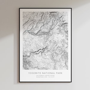 Carte du parc national de Yosemite Imprimer | Carte topographique des contours | yosemite californie | | d’impression topographique | d’art cartographique moderne Impression de carte minimaliste