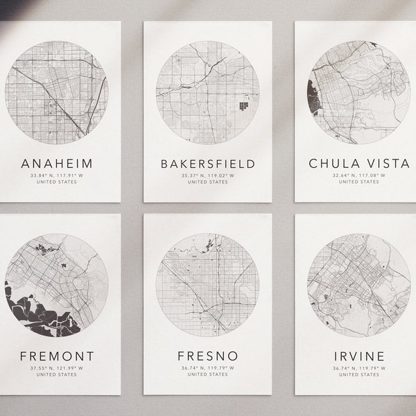 California Postcards Set of 17 | Available Individually | 6" x 4" | City Maps | Los Angeles | San Diego | San Jose | San Francisco | Fresno
