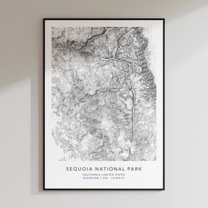 May include: A black and white topographic map print of Sequoia National Park in California, United States. The print shows the elevation of the park, which is 1,370 - 14,494 ft. The text "Sequoia National Park" is printed at the bottom of the map.