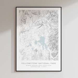 Carte du parc national de Yellowstone Imprimer | Carte topographique des contours | | d’impression topographique de Yellowstone | d’art cartographique moderne Impression de carte minimaliste