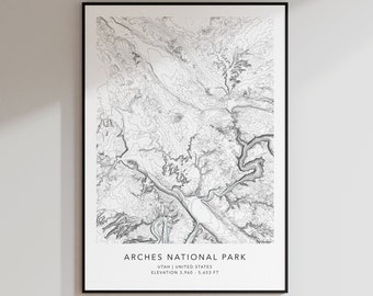 May include: A black and white topographic map print of Arches National Park in Utah. The print features elevation lines and the text "Arches National Park, Utah | United States, Elevation 3,960 - 5,683 ft."