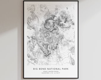 Carte du parc national de Big Bend Imprimer | Carte topographique des contours | | de Big Bend texas | d’impression topographique | d’art cartographique moderne Impression de carte minimaliste
