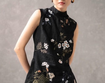 Hand Embroidered Floral Sleeveless High Neck Top, Silk or Linen Slow Fashion