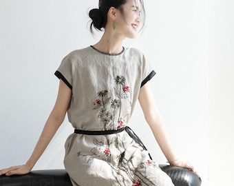 Hand Embroidered Linen Midi Dress, Botanical Graphic Artisan Style