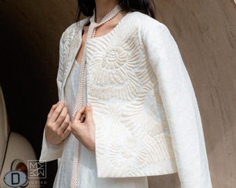 Hand Embroidered Silk Jacket, Artisan Woven Linen Blend, Minimalist Bridal Cover Up