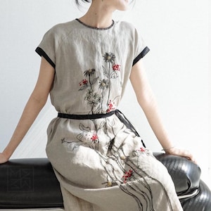 etsy embroidered dress Open leg linen embroidered dress Slit Floral dress Tunic Mexico Embroider dress Kaftan Abaya Bohemian ethno Beach wear peasant