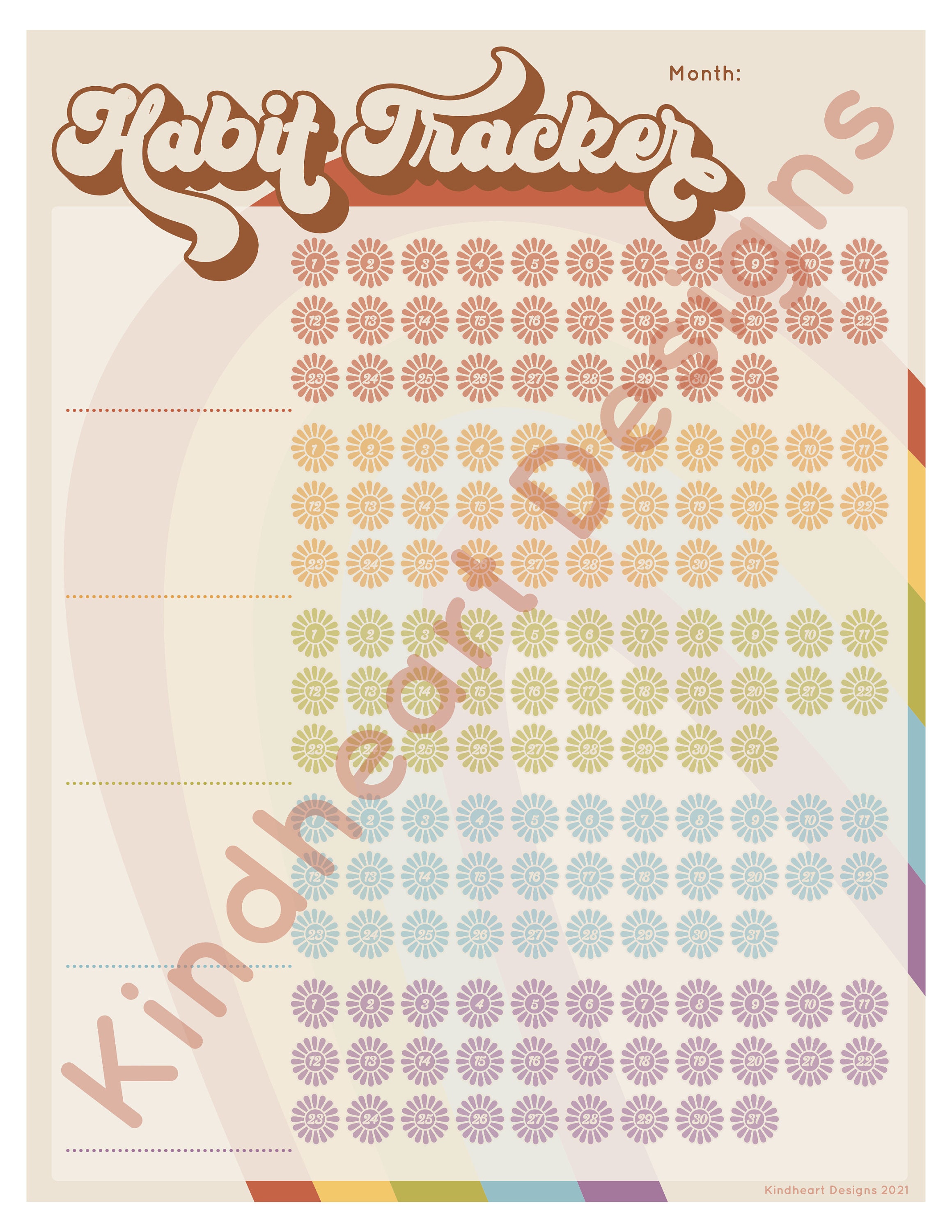 Monthly Habit Tracker Planner Printable - Retro Rainbow Collection - Etsy