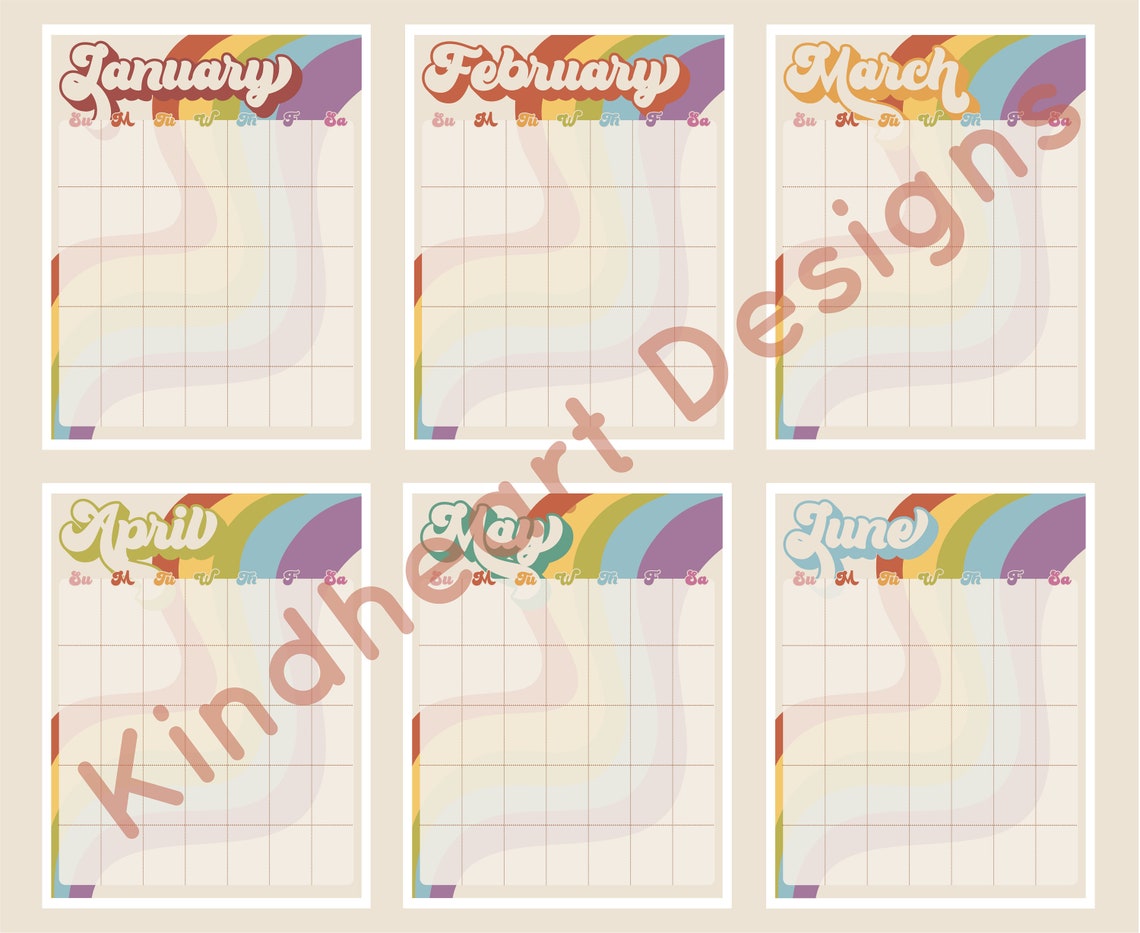 BLANK Portrait Calendar Printable - Retro Rainbow Collection - Etsy