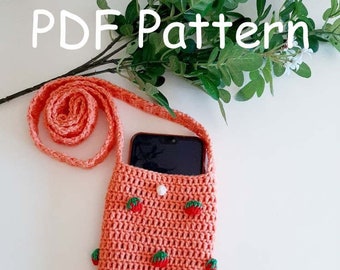PDF Pattern Crochet Phone bag with strawberry, phone case, cross body bag for phone