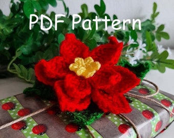 PDF Pattern Crochet Poinsettia  for Christmas Decoration, gift wrap, Xmas wreath, napkin holder, DIY Xmas