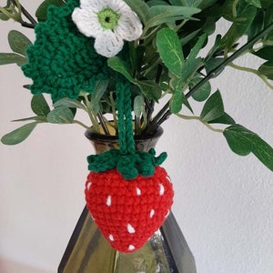 PDF Pattern Handmade Crochet Strawberry Artificial Fruit with leaf and flower, key ring, car charm, table decoration, toys, baby mobile image 2