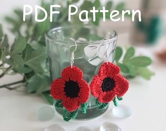 PDF Pattern Crochet Earring Poppy flower with leaf, Easy Crochet Pattern, Applique, Earring, Ornaments, Gift Idea, DIY earrings