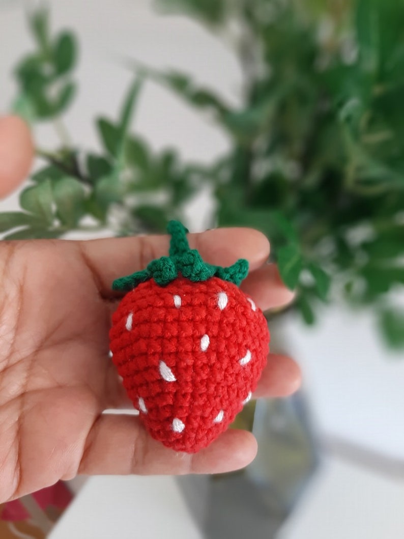 PDF Pattern Handmade Crochet Strawberry Artificial Fruit with leaf and flower, key ring, car charm, table decoration, toys, baby mobile image 3