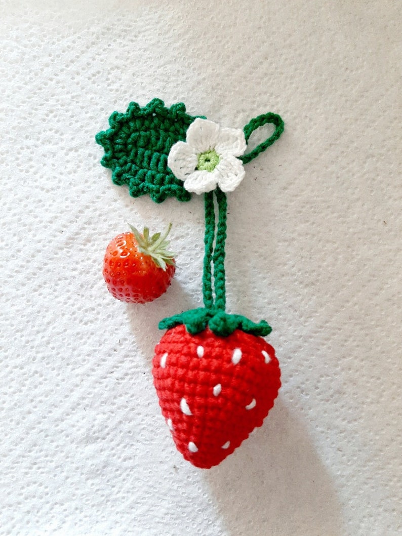 PDF Pattern Handmade Crochet Strawberry Artificial Fruit with leaf and flower, key ring, car charm, table decoration, toys, baby mobile image 5