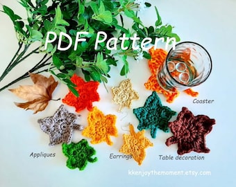 PDF Pattern Crochet Maple leaf, Easy Crochet Pattern, fall autumn leaf, crochet coaster, applique, brooch,DIY earring, halloween decoration