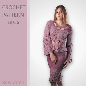 PALOMA Top and Skirt Crochet Pattern | Women&#39;s Openwork Autumn Outfit, Lace Bell Sleeve Top  and Fitted Skirt Set, Size Small | RowStitch