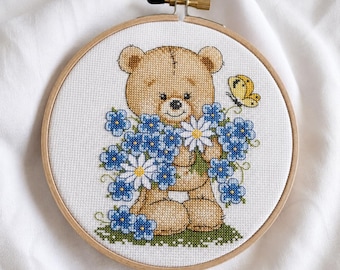 Flower Bear Cross Stitch PDF Pattern | Teddy Bear Cute Spring Embroidery | Instant Download | RowStitch