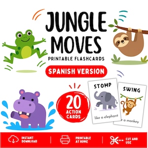 以下が含まれることがあります： スペイン語版のJungle Moves印刷可能なフラッシュカード20枚セット。デザインには、緑色のカエル、茶色のナマケモノ、紫色のカバが含まれており、STOMPと書かれたゾウとSWINGと書かれたサルのサンプルカードが2枚表示されています。
