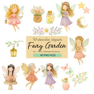 Puede incluir: Conjunto de imágenes prediseñadas de acuarela con hadas, flores y elementos decorativos. La imagen incluye hadas con vestidos rosas y morados, una maceta, un tarro, mariposas, estrellas y una luna creciente. El texto dice "Fairy Garden".
