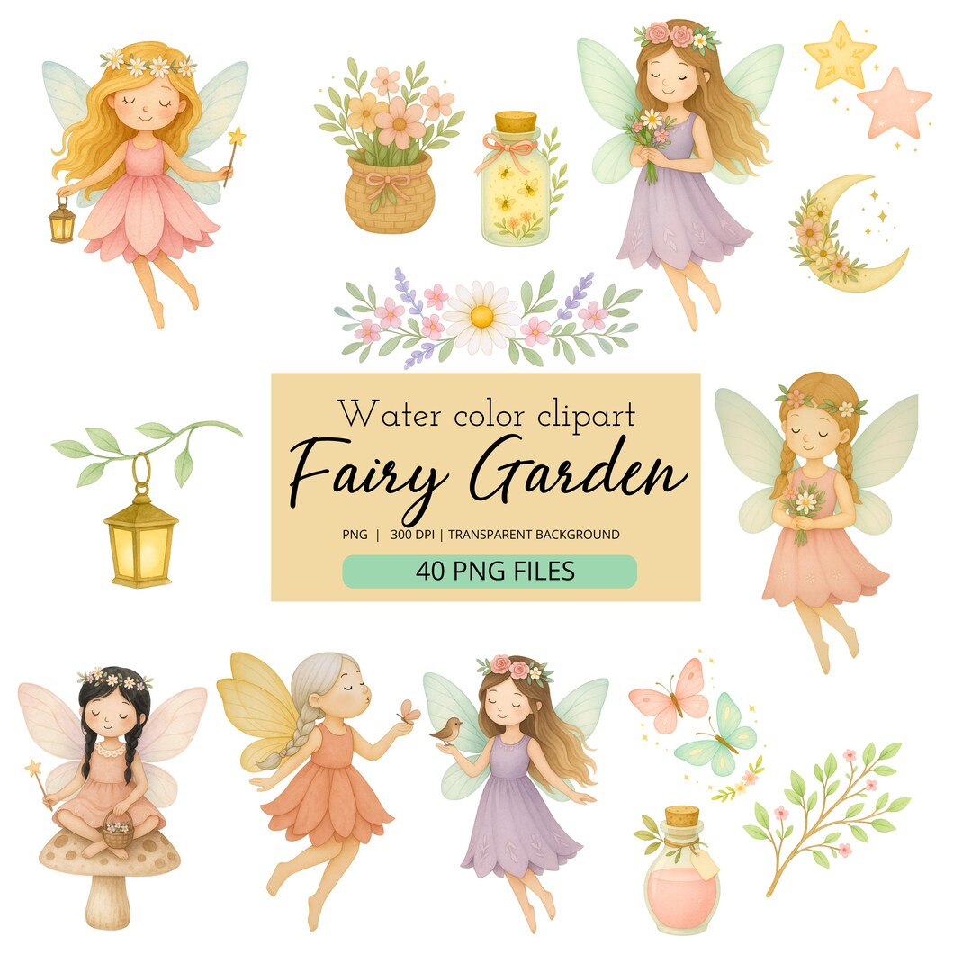 Fairy Garden Watercolor Clipart Set – 40 PNG Cute Fairies & Magical ...