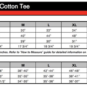 Peut inclure: Un tableau des tailles pour un t-shirt en coton, indiquant les mesures en pouces pour la poitrine, la longueur du corps et la longueur des manches. Le tableau comprend les tailles du S au 4XL.