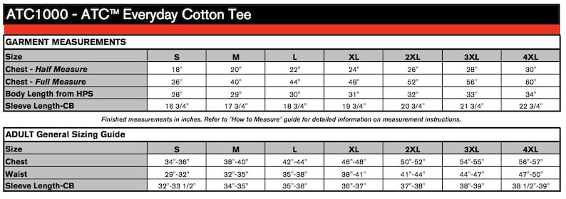 Peut inclure: Un tableau des tailles pour un t-shirt en coton, indiquant les mesures en pouces pour la poitrine, la longueur du corps et la longueur des manches. Le tableau comprend les tailles du S au 4XL.