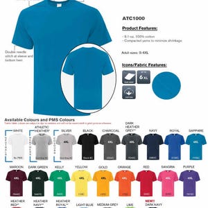 Peut inclure: Un tableau pr&eacute;sentant diff&eacute;rentes couleurs de t-shirts avec le texte "Everyday Collection" et "ATC1000". Les t-shirts sont disponibles en tailles S-6XL et sont fabriqu&eacute;s en coton 100% de 9,1 oz. Les t-shirts sont disponibles dans une vari&eacute;t&eacute; de couleurs, notamment le blanc, le noir, le bleu marine, le rouge et le vert.