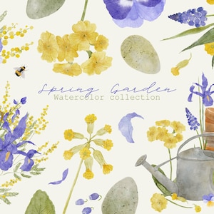 Helle Frühlingsblumen Aquarell Clipart Set | Narzissen, Glockenblumen, Veilchen, Mimose, Hyazinthe, Muscari, Primel, Iris, Schmetterlinge, Biene