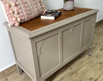 Vintage Blanket Box, Taupe Finish, Cabriole Legs, Carved Details, Queen Anne Style Storage Trunk