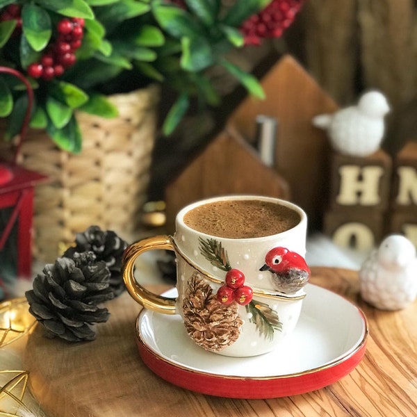 ceramic christmas coffee mug decorated cone bird and christmas flower handled and sauser using 24 k gold