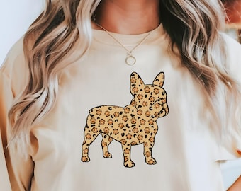 フレンチブルドッグのヒョウ柄Tシャツ - 犬の足跡シルエットが入った快適なカラーのTシャツ - フレンチブルドッグママシャツ - おしゃれな犬好きへのギフト
