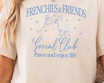 フレンチブルドッグ ソーシャルクラブ コンフォートカラー Tシャツ - 犬好きのための面白いTシャツ - 女性用かわいいワイン＆犬シャツ - 犬の飼い主へのギフトアイデア