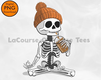 かわいいハロウィーン PNG - スケルトンヨガ PNG - コーヒー好き - パンプキンスパイスラテ - SpookyDoodles - 不気味な季節のクリップアート - 透明な背景
