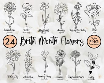 Geburtsmonat Blumen Clipart PNG Bundle - DIY personalisiertes Geschenk für Mütter und Großmütter - Digitale Blumen für Canva oder Kittl
