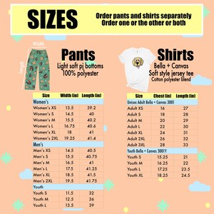 May include: Size chart for pants and shirts. The chart shows the width and length of pants in inches, and the chest and length of shirts in inches. The chart includes sizes for women, men, and youth.