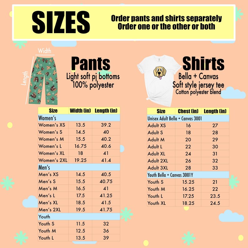 May include: Size chart for pants and shirts. The chart shows the width and length of pants in inches, and the chest and length of shirts in inches. The chart includes sizes for women, men, and youth.