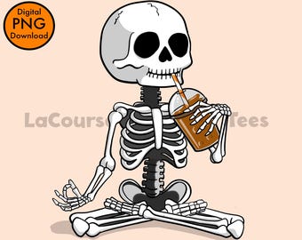 かわいいハロウィーン PNG - スケルトンヨガ PNG - コーヒー好き - パンプキンスパイスラテ - SpookyDoodles - 不気味な季節のクリップアート - 透明な背景